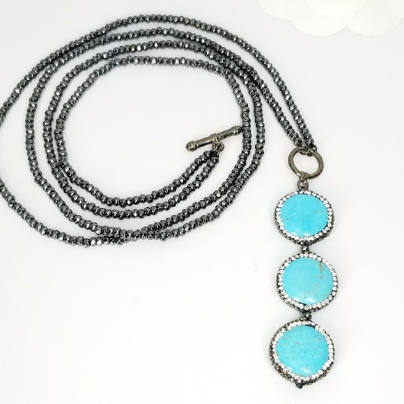 Turquoise Crystals Hematite Choker Necklace - Picture 3 of 13